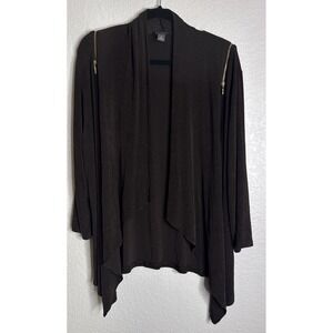 Chicos Travelers 3 US XL Dark‎ Brown Waterfall Open Front Cardigan Gold Hardware